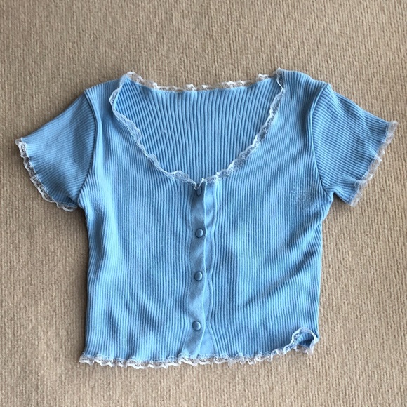 Tops - Light Blue Ribbed Button-Front Short Sleeve Top